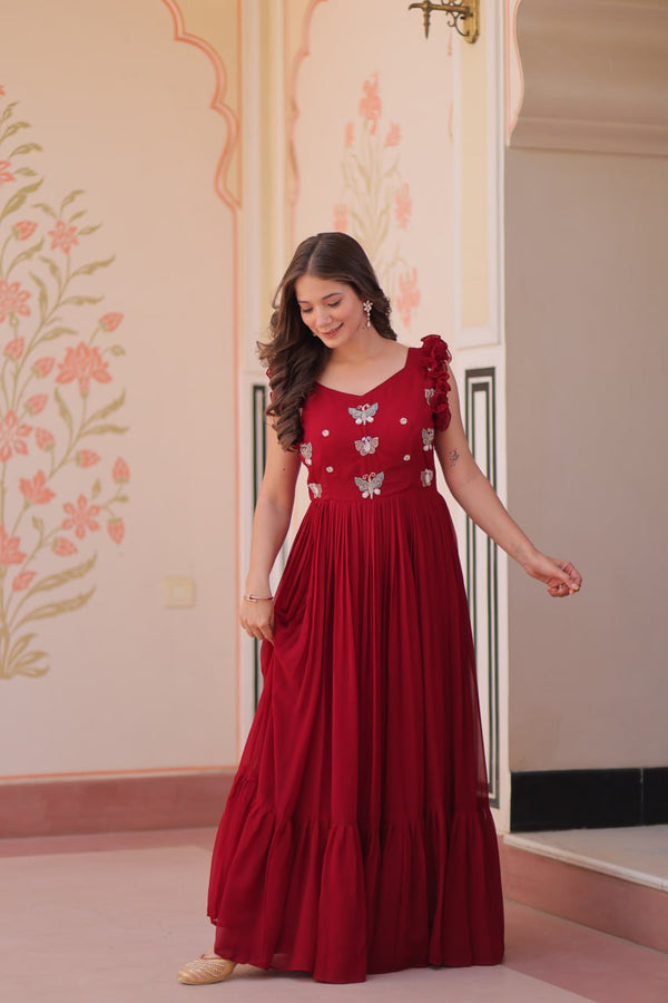 Ceremony Wear Maroon Color Embroidered Work Gown