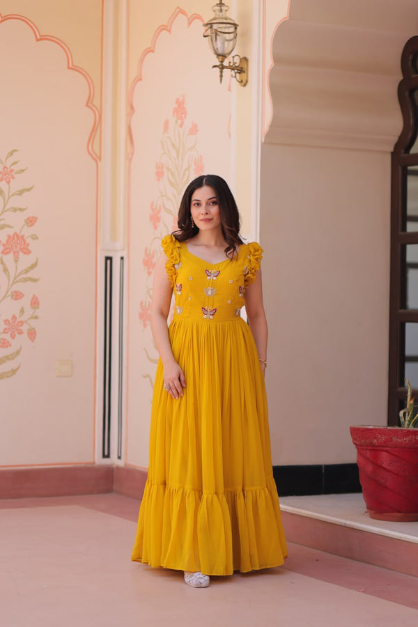 Ceremony Wear Yellow Color Embroidered Work Gown