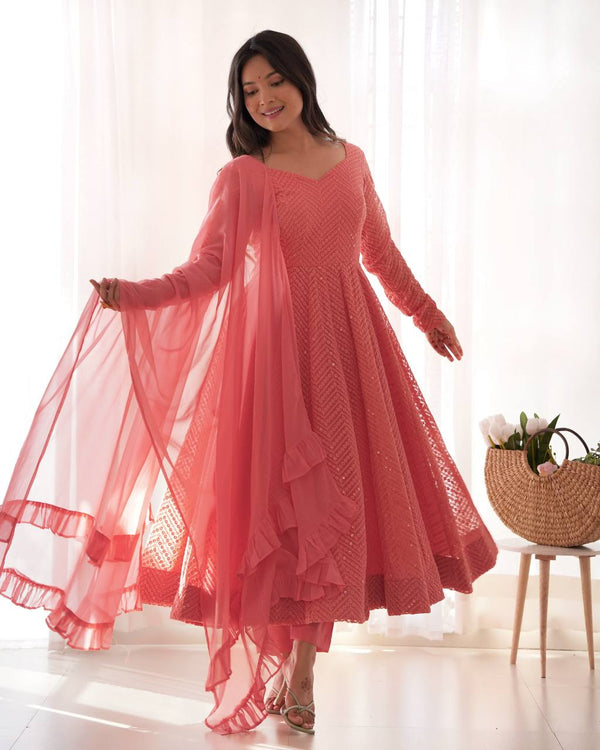 Trendy Peach Color Heavy Pure Soft Faux Georgette Lucknowi Sequence Work Anarkali Gown