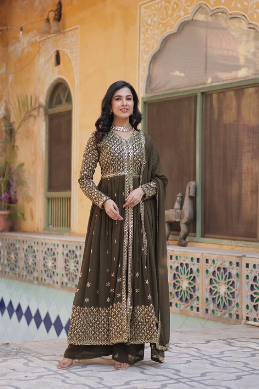 Party Wear Mahendi Green Color Embroidered Work Designer Anarkali Suit