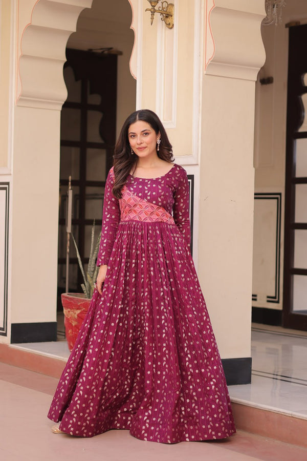 Festive Wear Wine Color Printed Choli With Weaving Work Gown