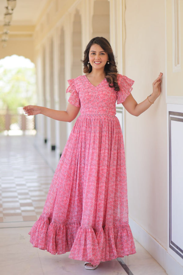 Festive Wear Baby Pink Color Printed Beautiful Gown