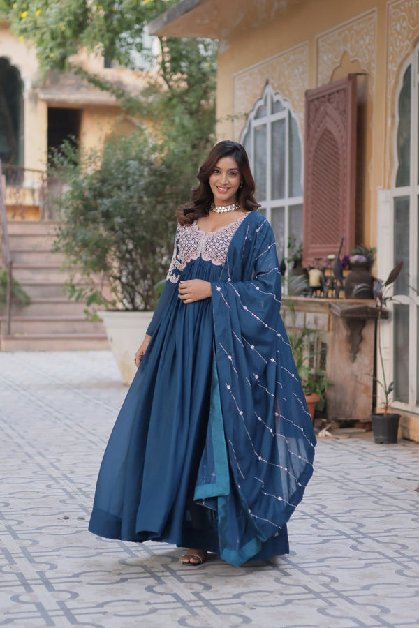 Wedding Wear Teal Blue Color Embroidery Beads Sequins Work Designer Gown