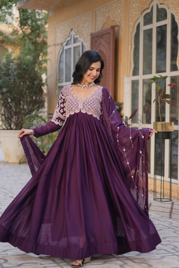 Dark Purple Color Embroidery Beads Sequins Work Designer Gown