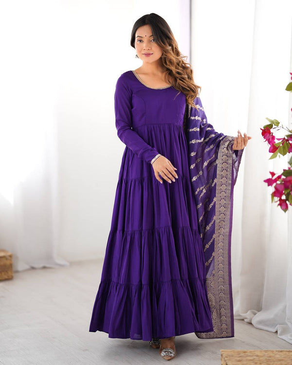 Trendy Blue Color Pure Roman Silk Chanderi Fabric Fully Flair Anarkali Gown