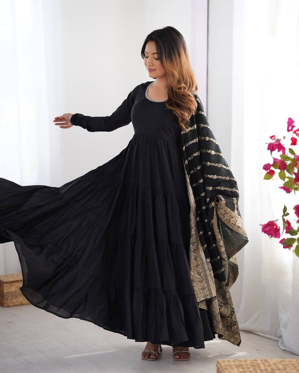 Delightful Black Color Pure Roman Silk Chanderi Fabric Fully Flair Anarkali Gown
