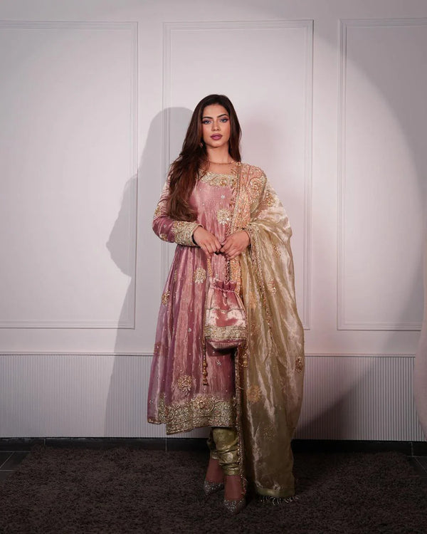 Wedding Wear Dusty Peach Colro Heavy Jimmy Chu Royal Elegant Anarkali Suit Set