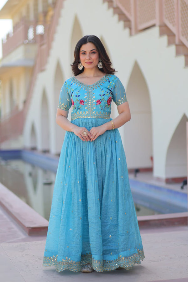 Party Wear Sky Blue Color Embroidery Work Designer Gown