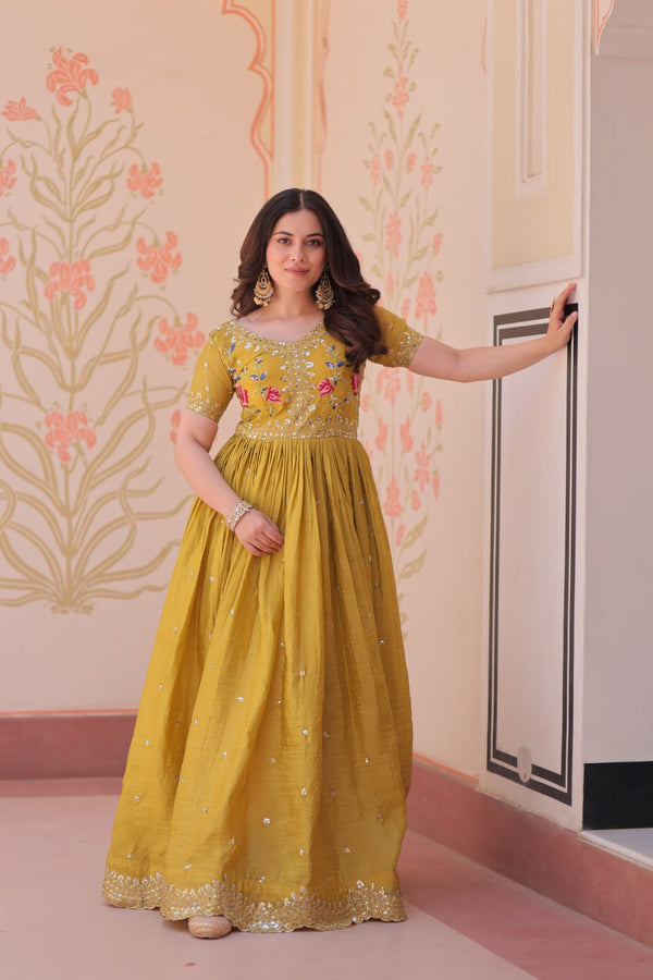 Party Wear Mustard Color Embroidery Work Designer Gown