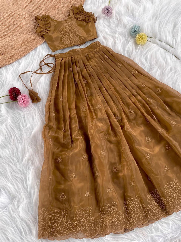 Alluring Brown Color Festive Wear Kids Lehenga Choli