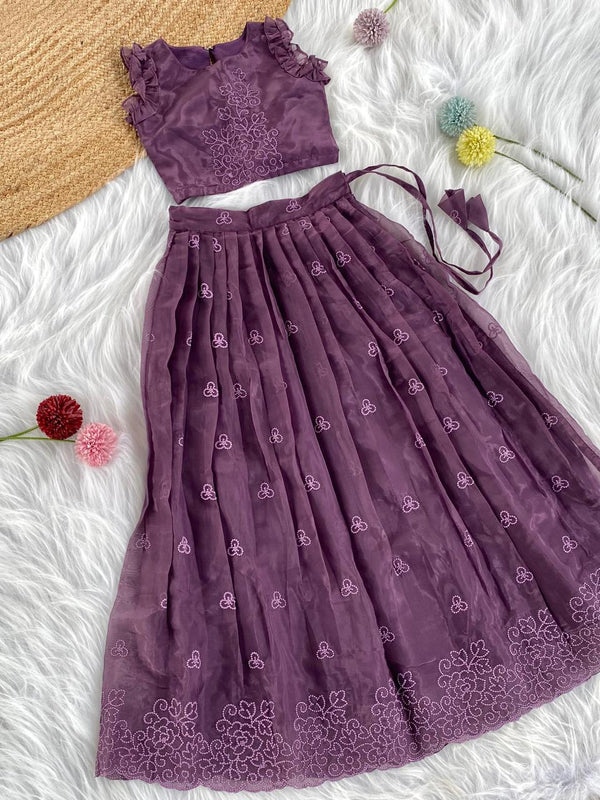 Alluring Dark Purple Color Party Wear Kids Lehenga Choli
