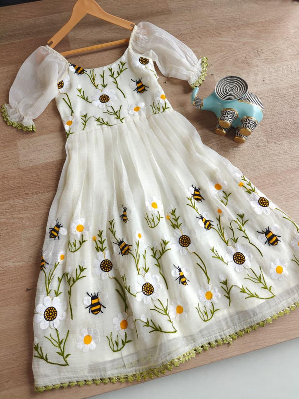 Designer Off White Color Flared Dress For Girls