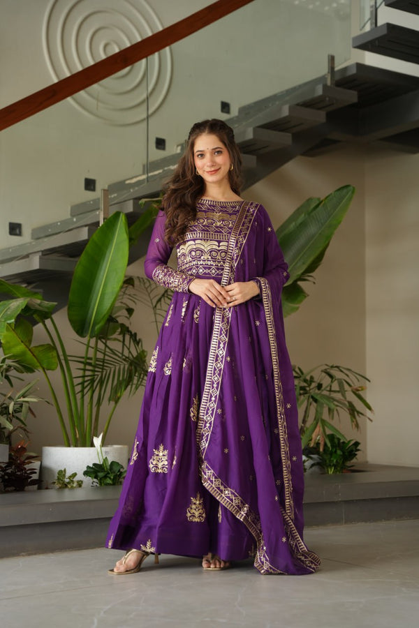 Wedding Wear Purple Color Sequins Beads Embroidered Work Gown