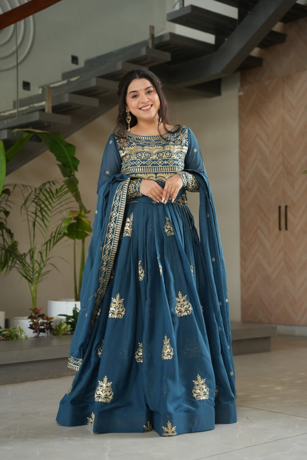 Festive Wear Teal Color Sequins-Multi And Beads Embroidered Work Gown