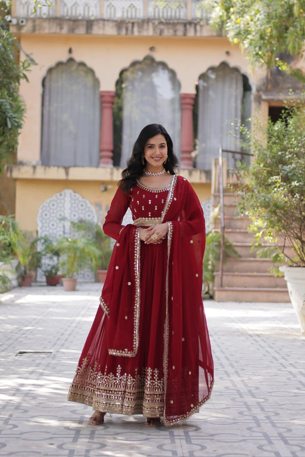 Demanding Maroon Color Embroidery Zari Sequins Work Designer Gown