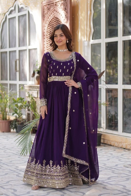 Demanding Purple Color Embroidery Zari Sequins Work Designer Gown
