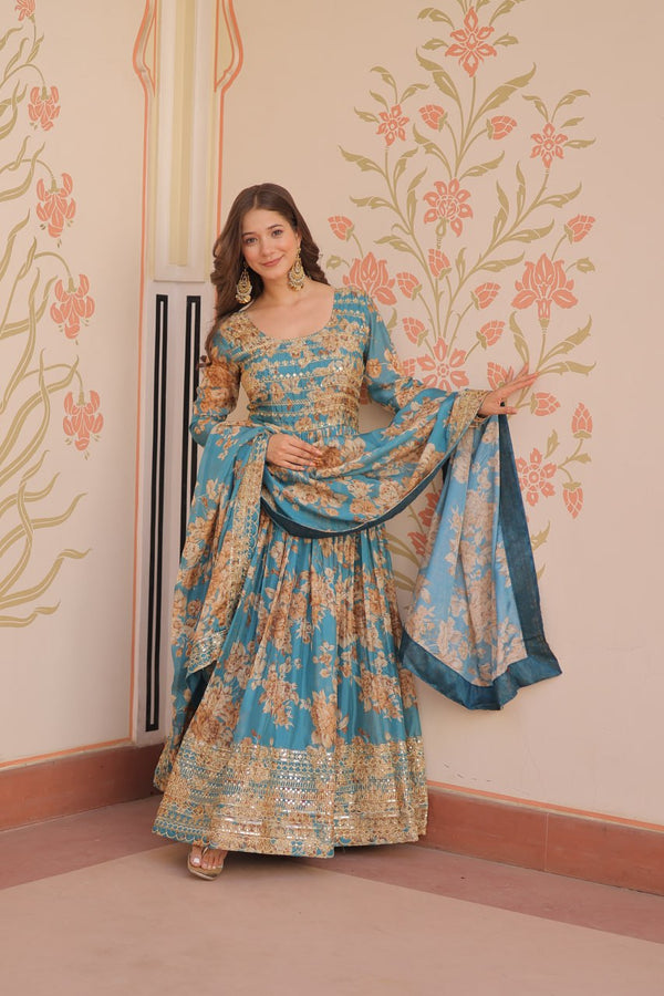 Function Wear Sky Blue Color Print With Embroidered Sequins Work Gown