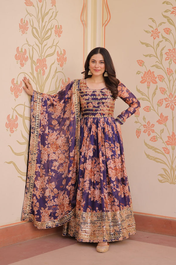Function Wear Purple Color Print With Embroidered Sequins Work Gown