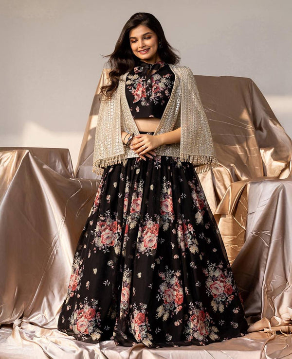 Designer Black Color Printed Ready To Wear Lehenga Choli WIth Embroidered Koti