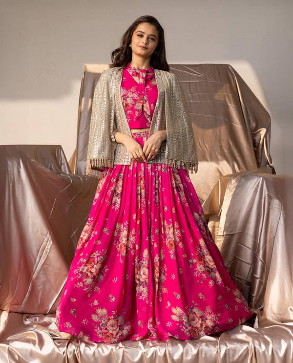 Designer Pink Color Printed Ready To Wear Lehenga Choli WIth Embroidered Koti