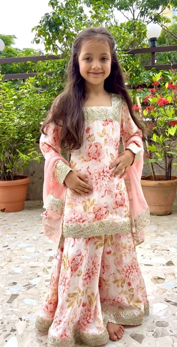 Designer White Color Embroidered And Printed Sharara Suit Set for Girls