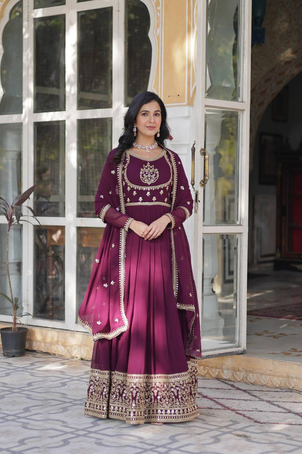 Wedding Wear Wine Color Sequins Embroidered Work Designer Gown