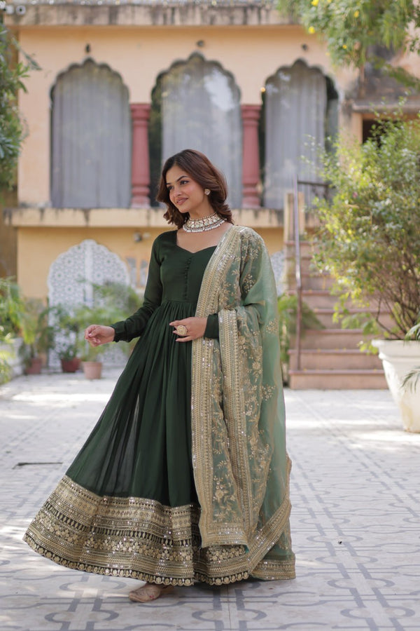 Mesmerizing Green Color Sequins Embroidered Work Designer Gown