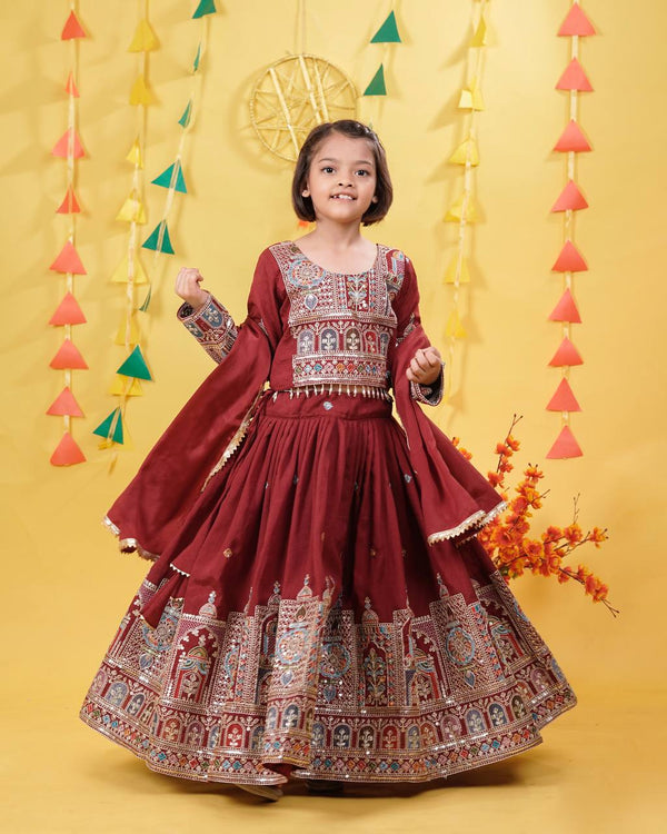 Festive Wear Maroon Color Embroidered Lehenga Choli Set for Girls