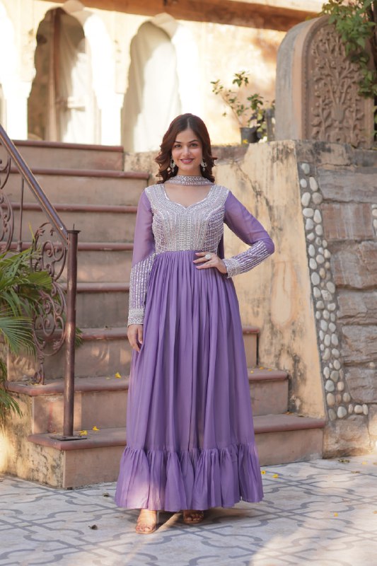 Glorious Lavender Color Embroidery Beads Sequins Work Designer Gown