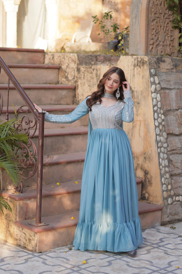 Sky Blue Color Embroidery Beads Sequins Work Designer Gown