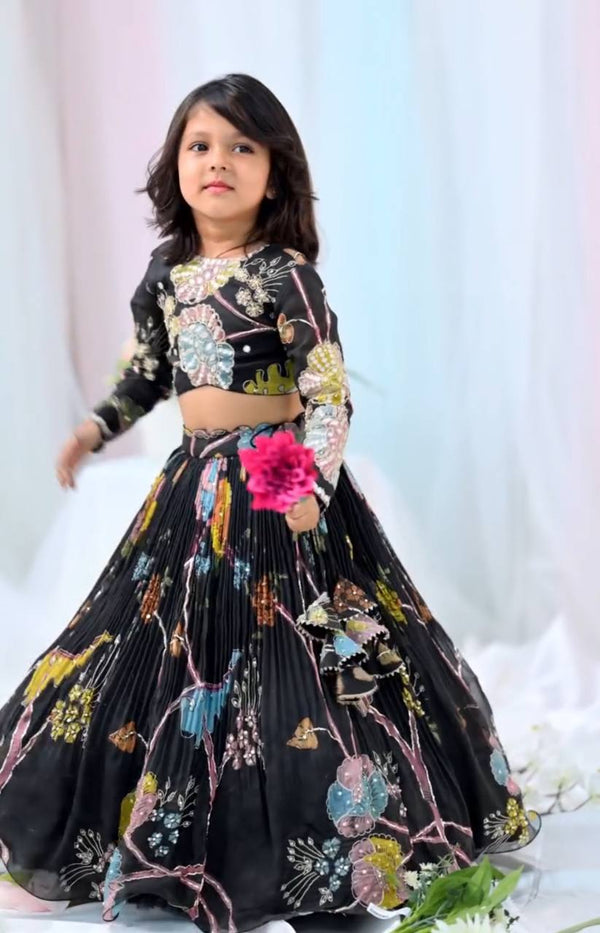 Designer Black Color Printed Lehena Choli Set Ready To Wear