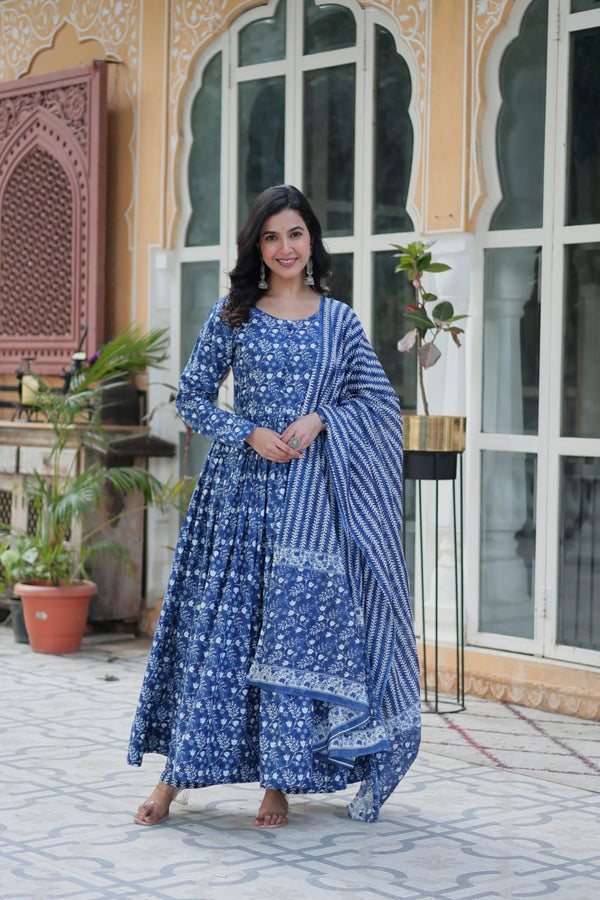 Sky Blue Color Pure Cotton Printed Designer Anarkali Suit