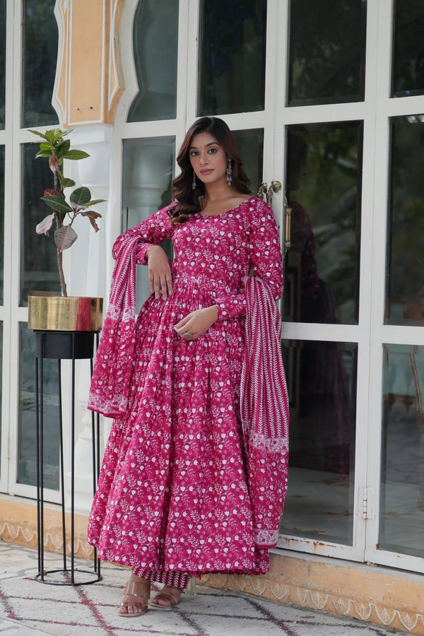 Pink Color Pure Cotton Printed Designer Anarkali Suit