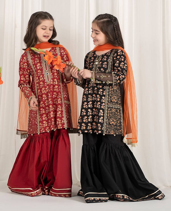 Designer Black and Maroon Color Printed Embroidered Sharara Suit