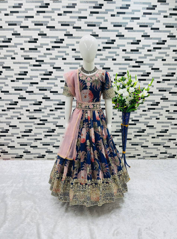 Designer Heavy Faux Georgette Navy Blue Color Digital Print Embroidered Sequin Work Gown With Dupatta And Kamar Belt