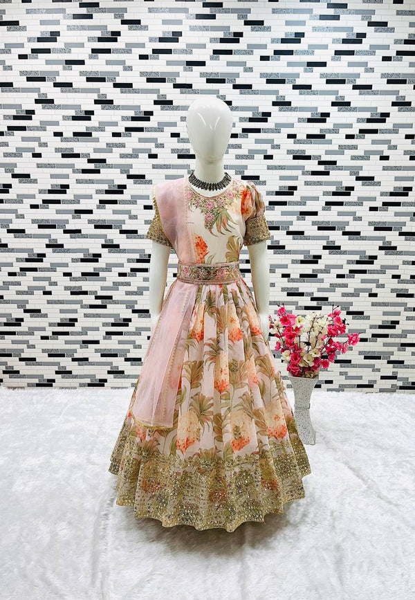 Designer Heavy Faux Georgette Off White Color Digital Print Embroidered Sequin Work Gown With Dupatta And Kamar Belt