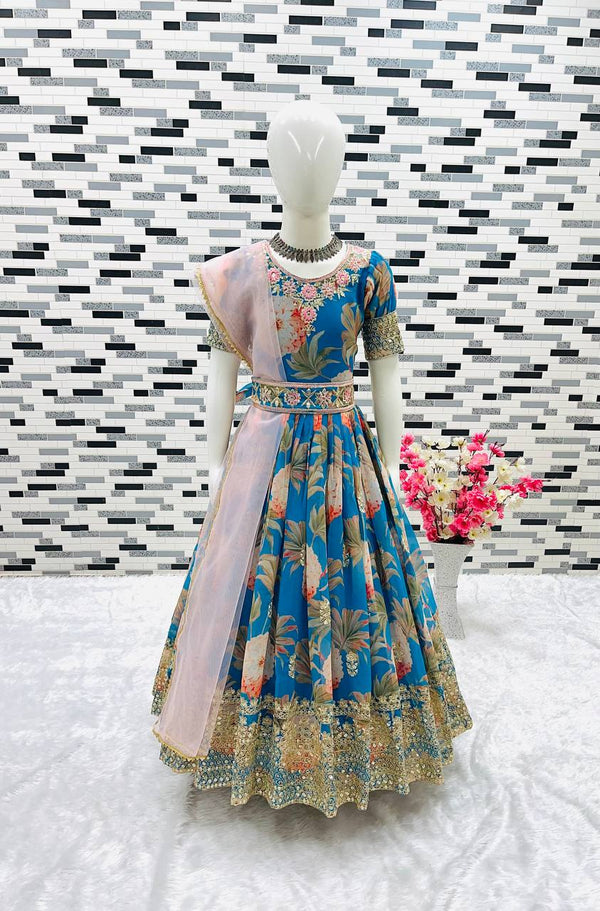 Designer Heavy Faux Georgette Blue Color Digital Print Embroidered Sequin Work Gown With Dupatta And Kamar Belt
