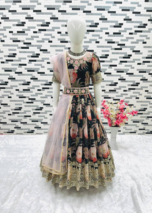 Designer Heavy Faux Georgette Black Color Digital Print Embroidered Sequin Work Gown With Dupatta And Kamar Belt