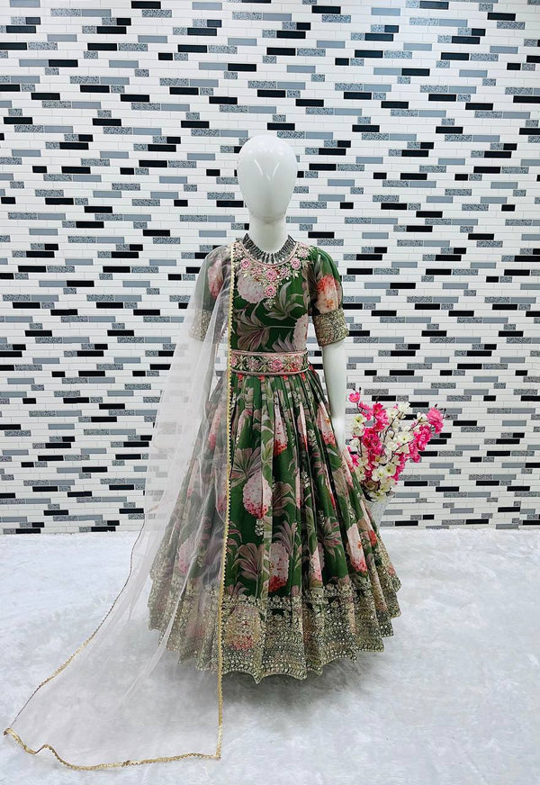 Designer Heavy Faux Georgette Green Color Digital Print Embroidered Sequin Work Gown With Dupatta And Kamar Belt