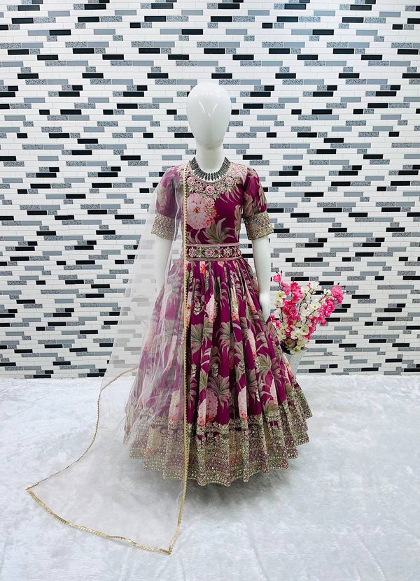 Designer Heavy Faux Georgette Maroon Color Digital Print Embroidered Sequin Work Gown With Dupatta And Kamar Belt