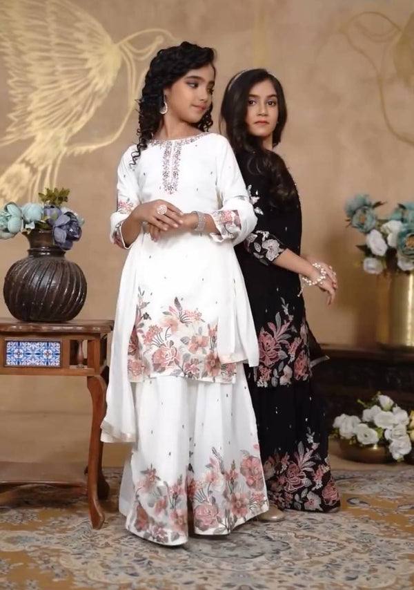 Trending Embroidered White and Black Color Ready To Wear Sharara Suit