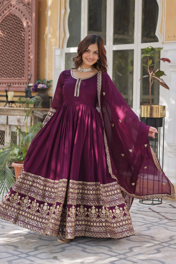 Stunning Wine Color Sequins Embroidered Work Designer Gown