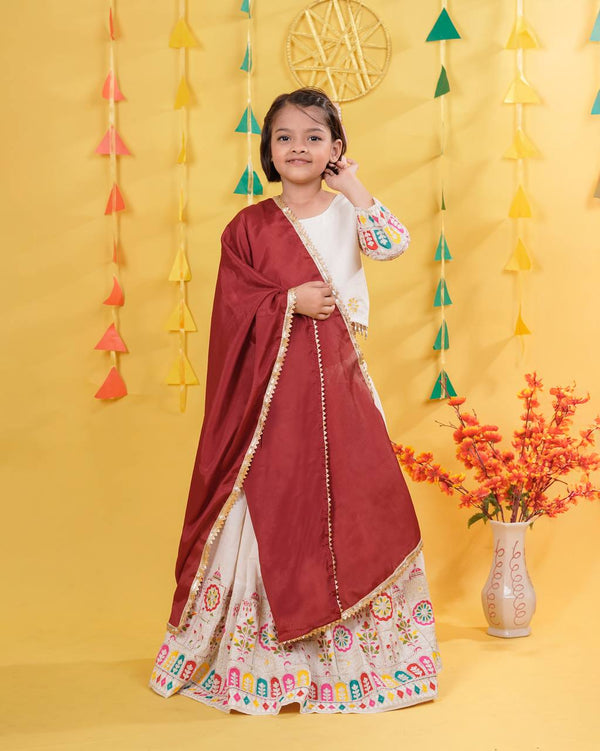 Designer White Color Embroidered Kids Lehenga Choli Set
