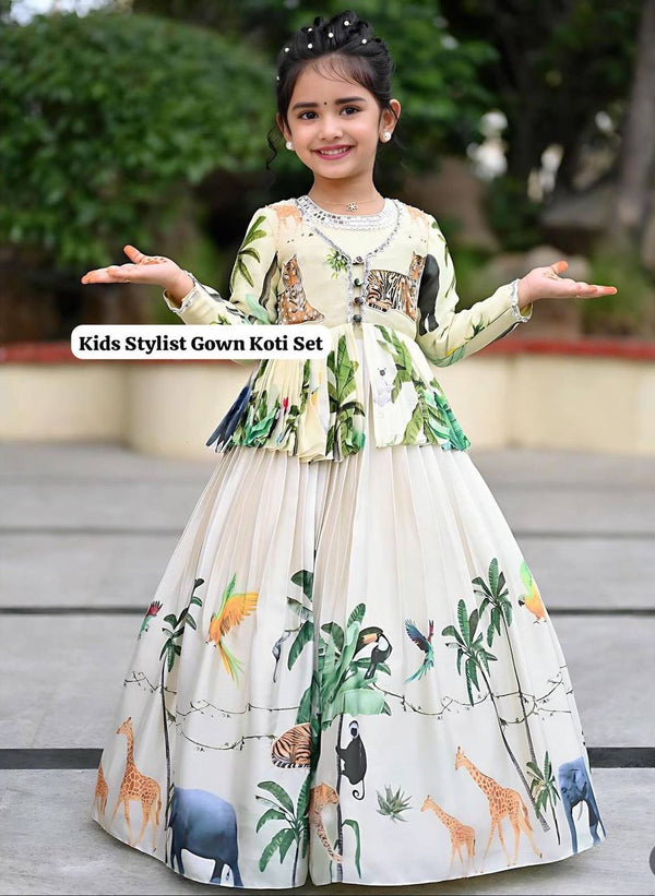 Designer White Color Digital Print Chinon Silk Gown with Fancy Koti