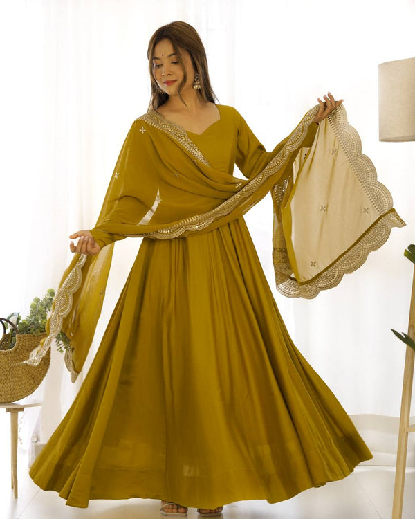 Wedding Wear Mustard Color Heavy Pure Roman Silk Plain Designer Gown With Work Dupatta