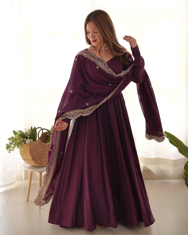 Wedding Wear Wine Color Heavy Pure Roman Silk Plain Designer Gown With Work Dupatta