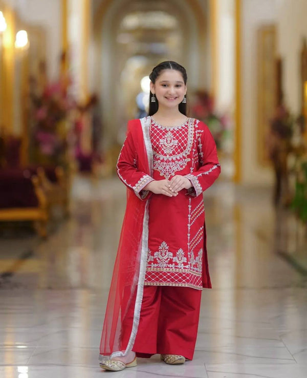 Trending Embroidered Red Color Top Bottom And Dupatta Set For Girls