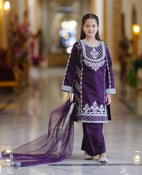 Trending Embroidered Purple Color Top Bottom And Dupatta Set For Girls