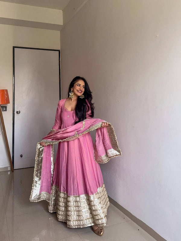 Designer Dusty Pink Color Vichitra Silk With Embroidery Zari-Codding Sequins Work Anarkali Gown