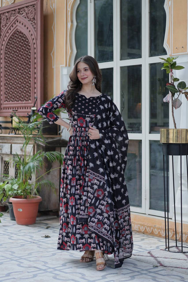 Festive Special Black Color Pure Cotton Fancy Round Neck Kurti With Palazzo